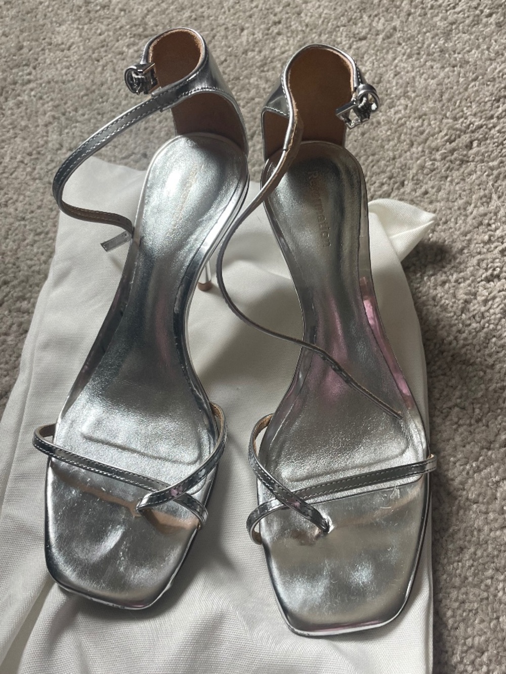 Reformation Silver Strappy Heels